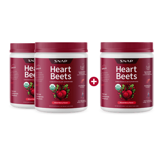 Organic Heart Beets - Buy 2, Get 1 FREE!. This product is a dietary supplement featuring three identical white plastic jars of "Heart Beets" cardiovascular superfood powder