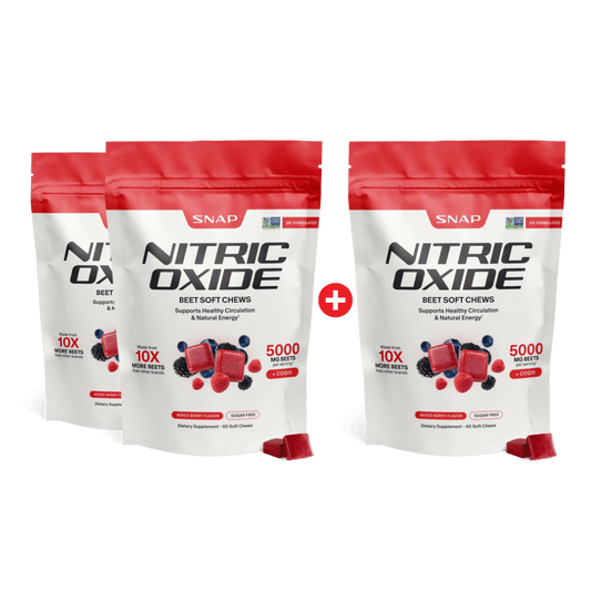 Nitric Oxide Beet Chews - Buy 2, Get 1 Free!. This product image features a "Buy 2, Get 1 Free" bundle of Snap Nitric Oxide Beet Soft Chews